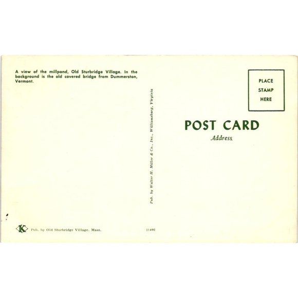 Old Sturbridge Village Covered Bridge Postcard Millpond Vermont Travel Vintage - Picture 2 of 2